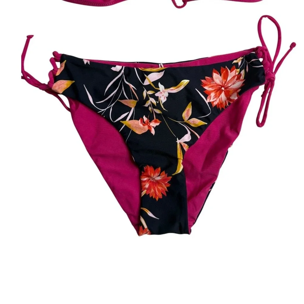Cupshe NWT Hot Pink & Floral Bikini Set Braided Back Ruched Side Tie‎ Small S